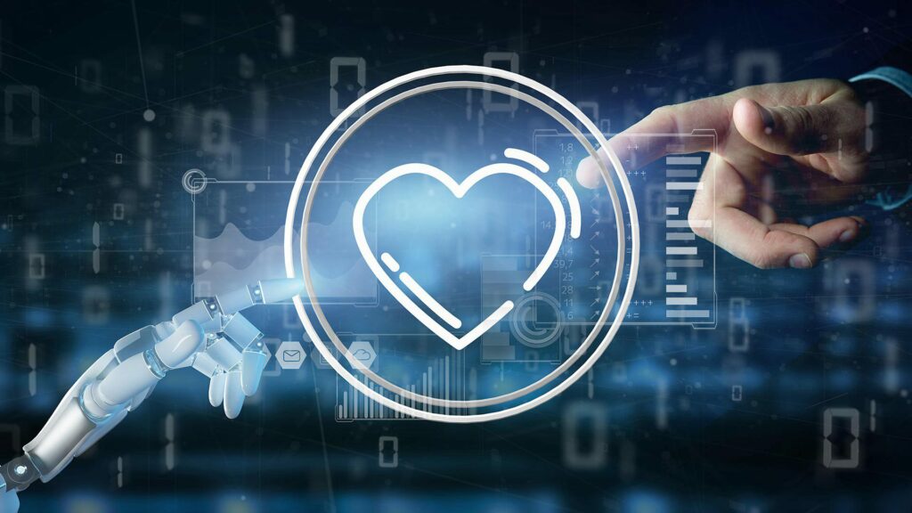 Robot hand reaching out to human hand with heart image in middle